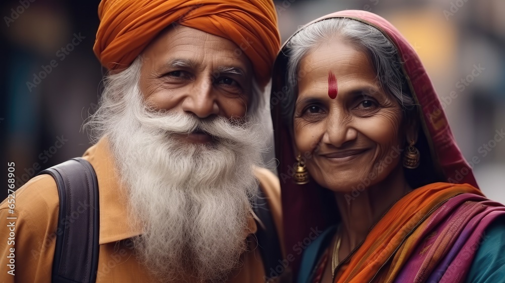 Senior Indian couple in colorful traditional clothes and headwear.