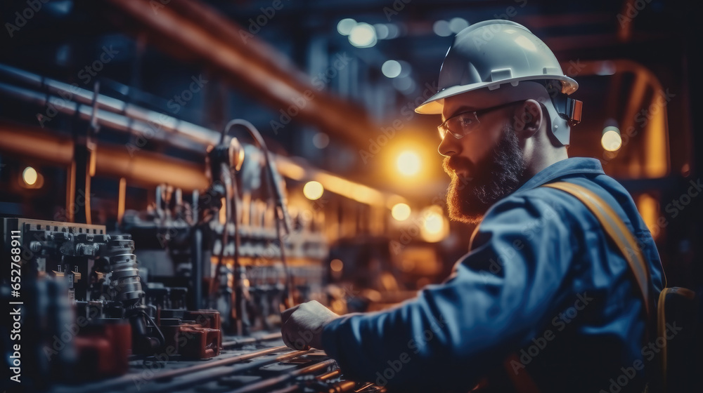 Technician engineer with safety helmet hard hat are working with machine in industrial manufacturing factory.