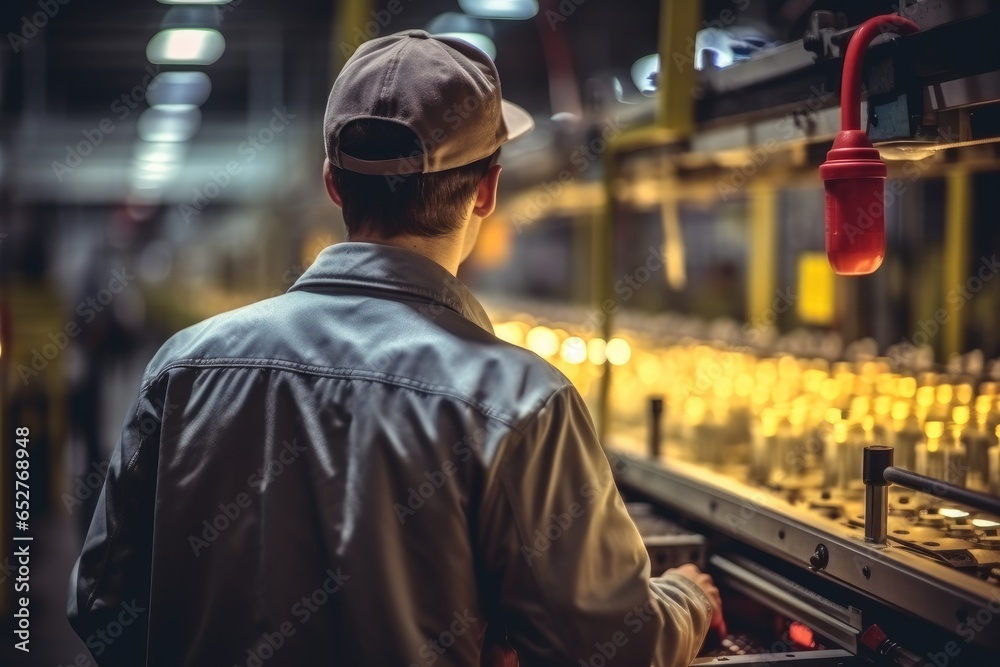 Worker performs a quality check on the assembly line in a factory.