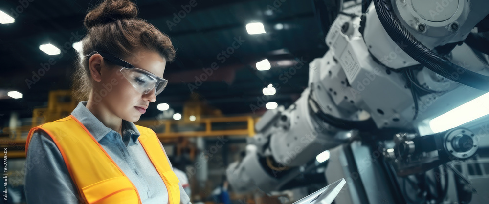 Robotic Arm engineer female checking on equipment in its with software of an Artificial Intelligence in a factory.