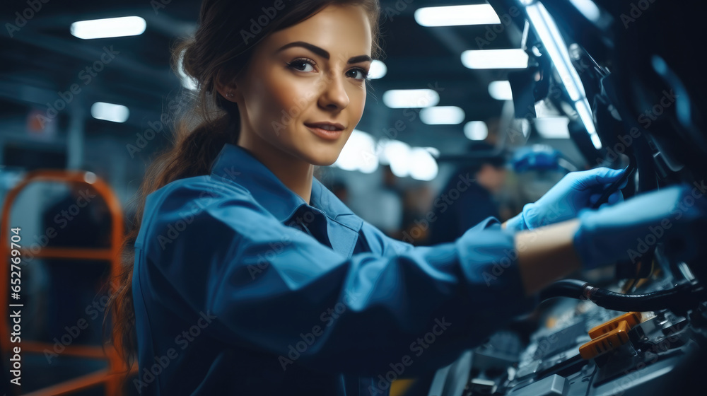 Female engineer worker in automotive factory, car manufacturing process.