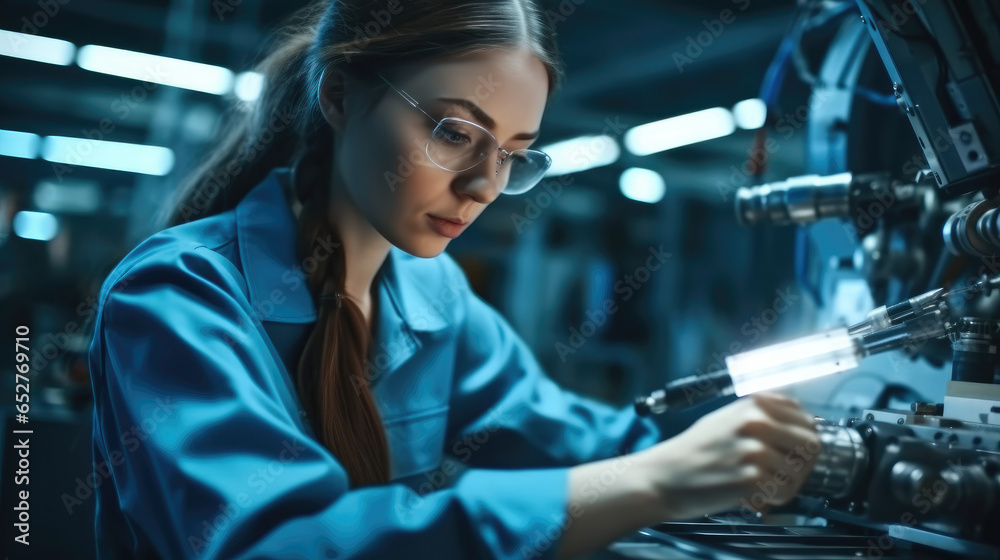 Confident woman worker skillfully operating high-tech machinery in a modern automotive manufacturing at factory