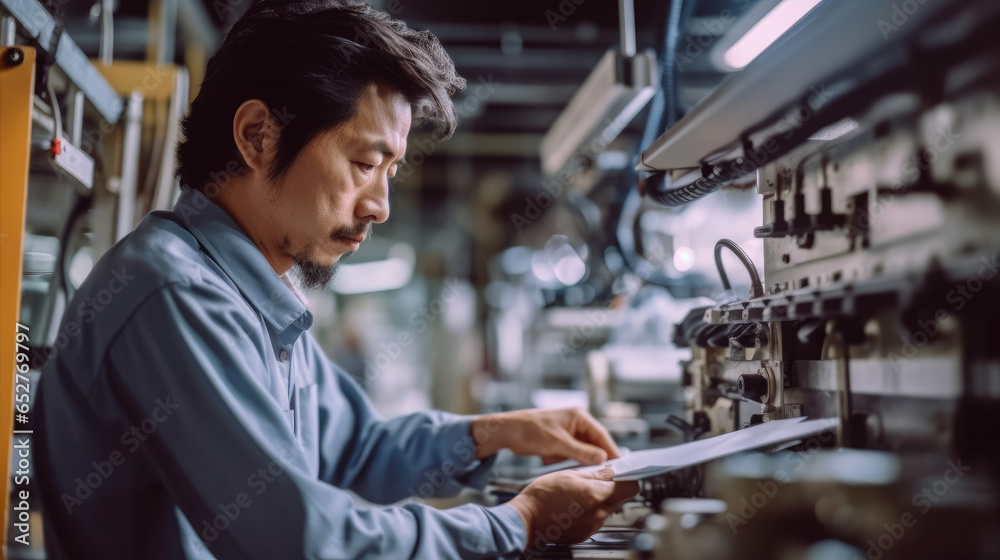 Japanese man working with machines at factory.