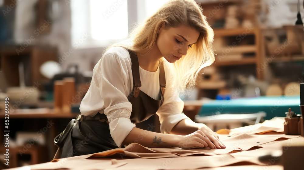 Young woman working in the leather workshop.