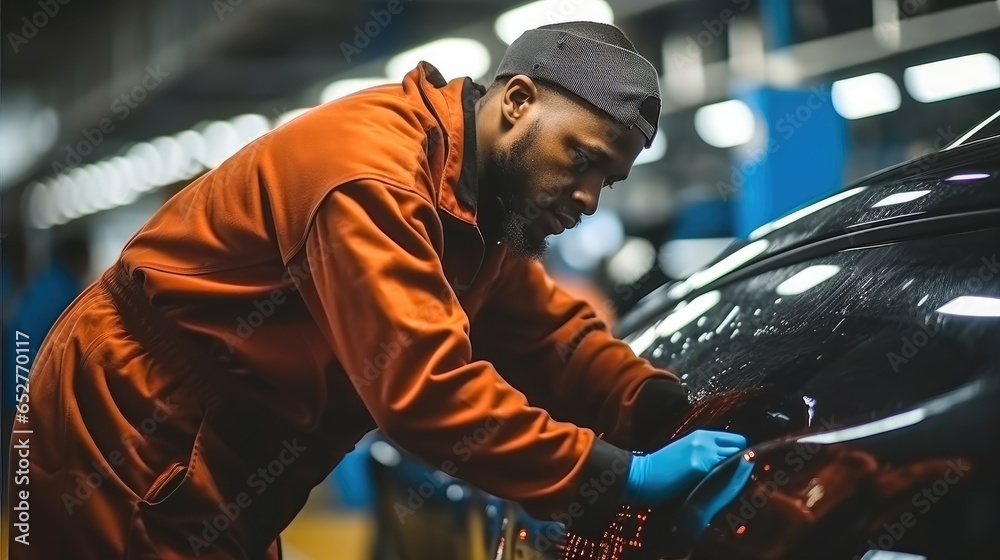 Male mechanic polishing car in repair shop, Car body polishing concept.