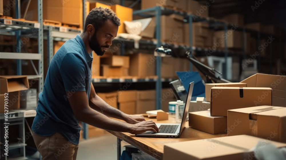 Male entrepreneur checking stock products putting products in packages for shipment at warehouse.