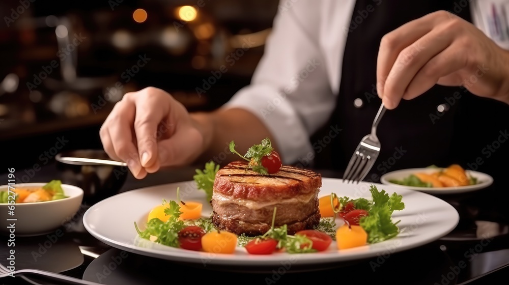 Making food, Chef is arranging food on a plate.