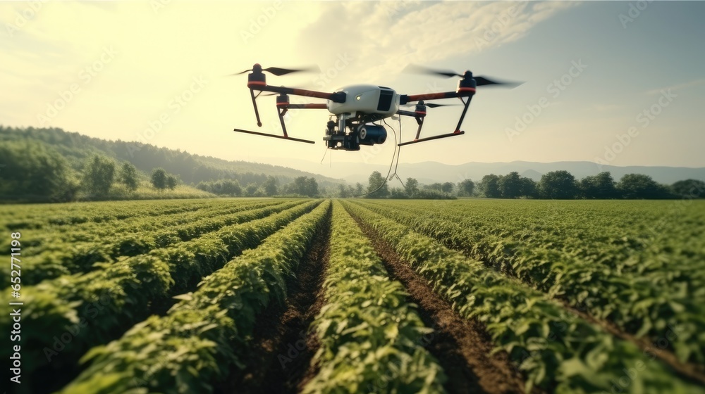 Utility drone flying above a corn field, The use of drones in agriculture.