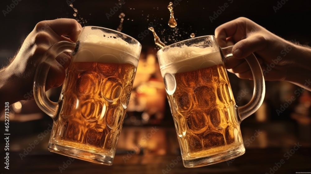 Two young male friends making a toast with glasses of beer at Festival