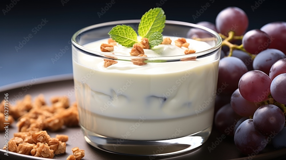 Vegetable yogurt with grape dessert is in a bowl on the table.