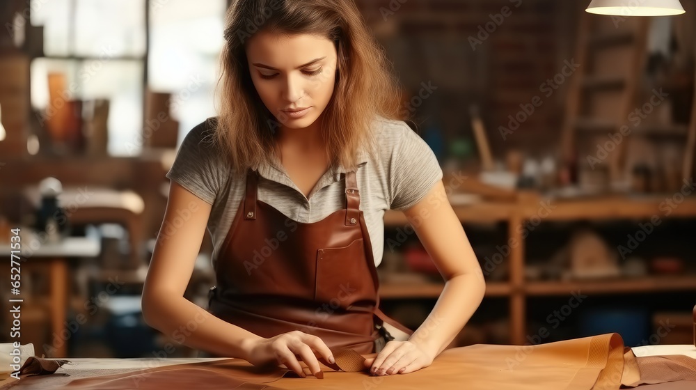 Woman making leather products in the workshop.