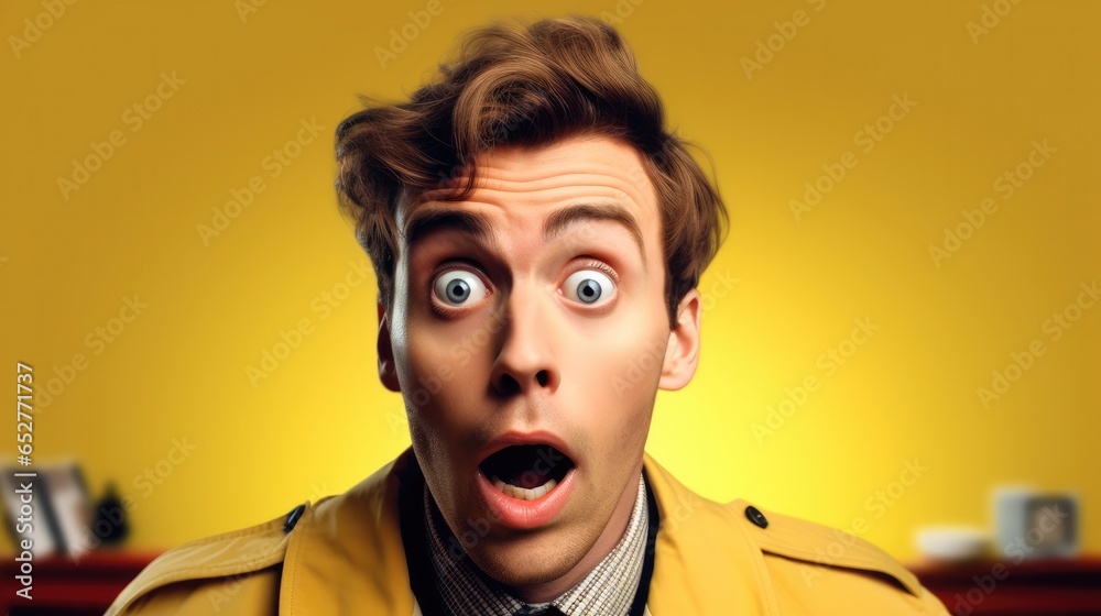 Portrait of a shocked young man on yellow background, Surprise.