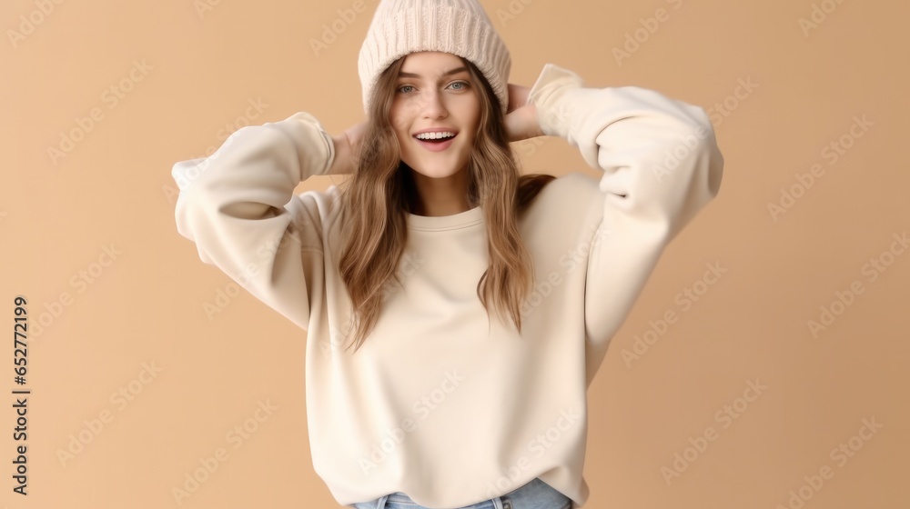 Beautiful woman in winter clothes standing with beige background.