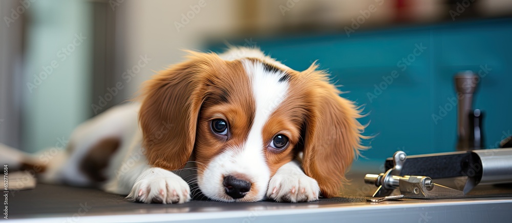 Vet trimming puppy s nails in clinic