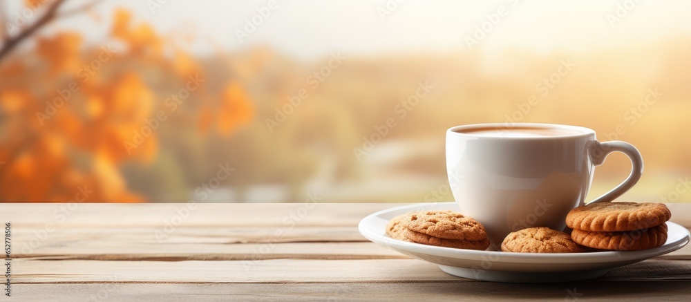 Coffee and biscuits on table in room