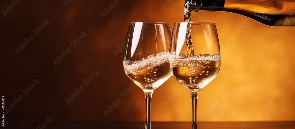 Pouring white wine into glasses over abstract background