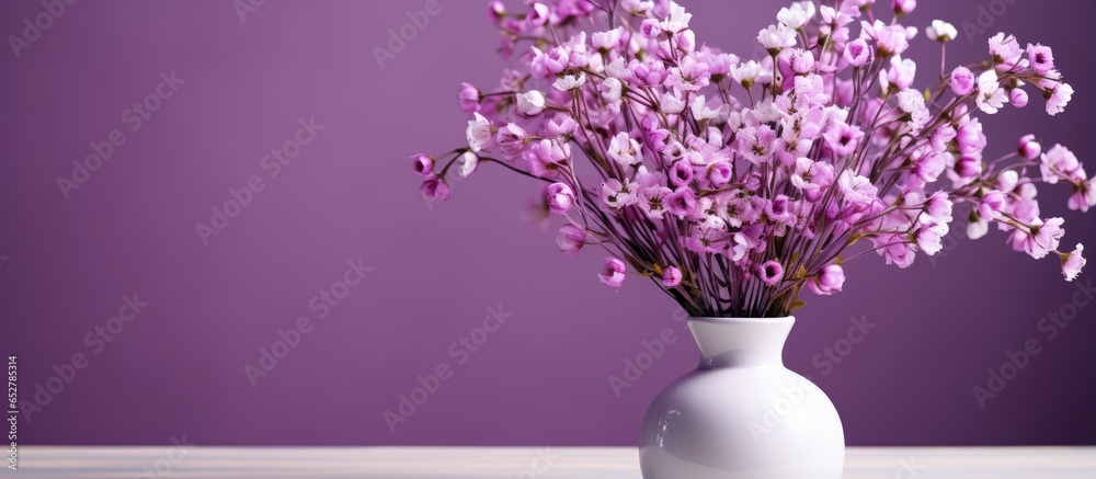 Purple gypsophila in small white vase on table for cozy home decor Celebrating 8 World Women s Day with floral decoration