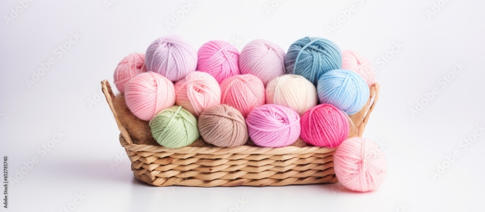 Colorful knitting yarn in a basket on white background representing needlework and hobby showcasing the DIY concept