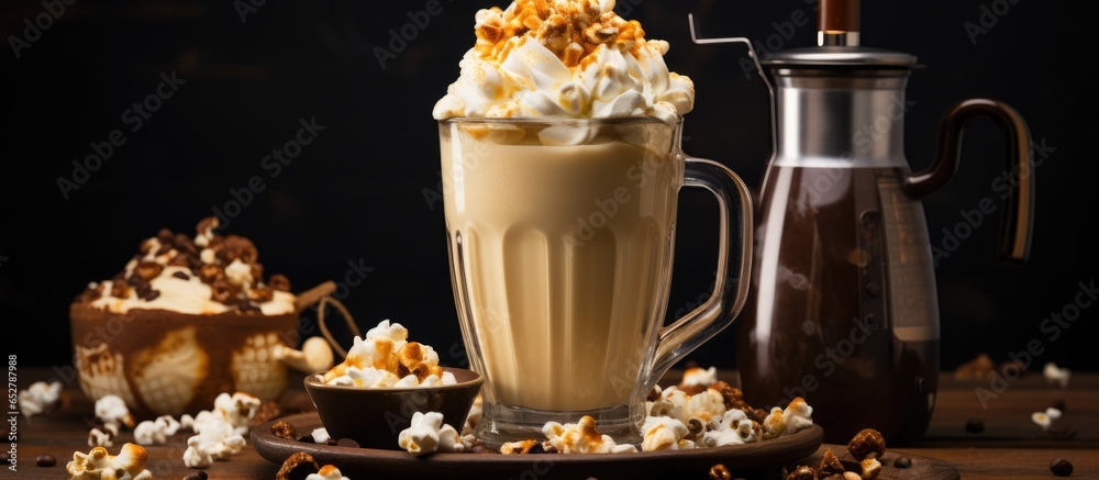 Caramel milkshake with cream liqueur caramel popcorn and chocolate powder on a vintage brown background with a manual coffee grinder