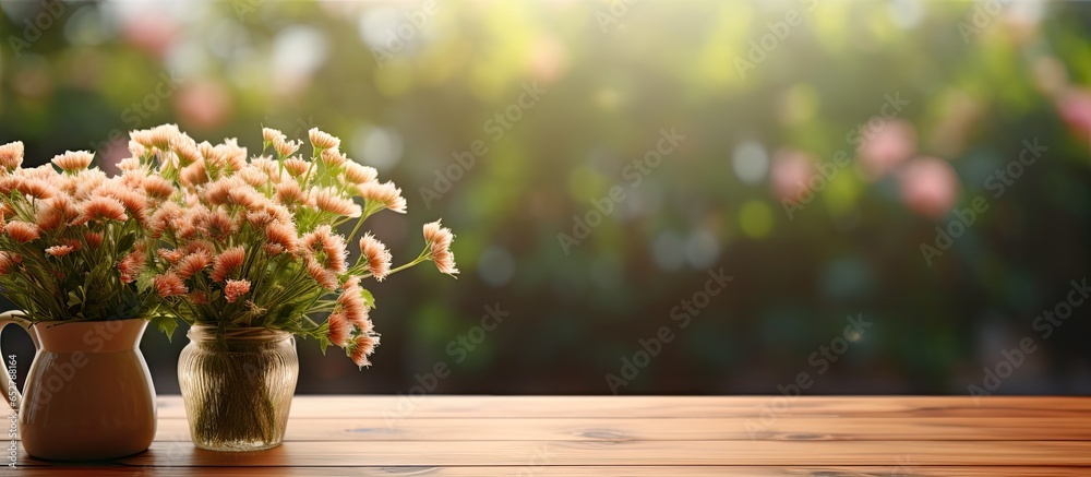 Morning garden flower background with wood table top for product display or design layout