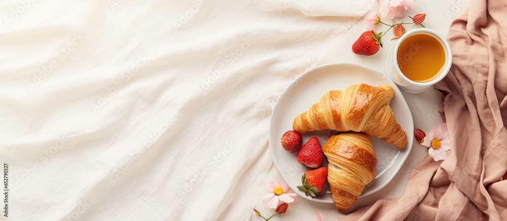 In room breakfast service at hotels with a tray of bread coffee and juice for a cozy and nourishing morning meal experience