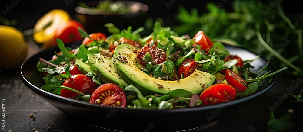 Vegan salad with avocado tomato and arugula Focus on health