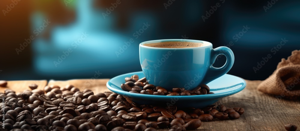 Morning Coffee Espresso served in a blue cup with coffee beans on the table