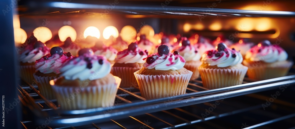 Baking a cupcake in the oven a closeup of a dessert and bakery sweet treat made in the kitchen with baked goods A luxurious snack in the hospitality industry using cake and kitchen appliance