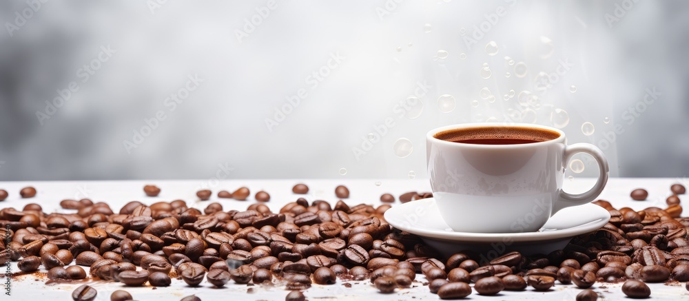 Coffee cup on white table with coffee beans in daylight