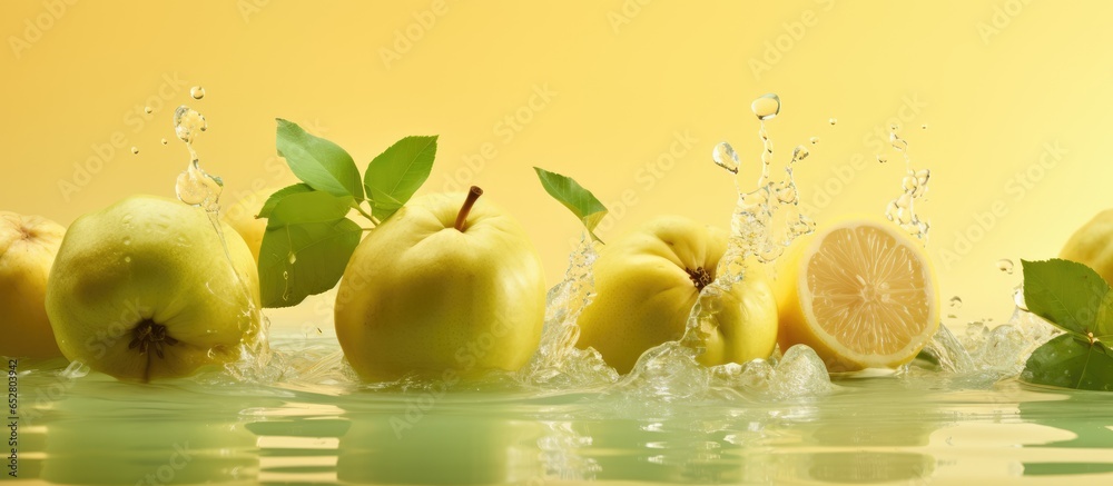 Autumn scene of washing quinces in water with shadows and reflections on a yellow green background Minimal flat lay of organic raw fruit promoting a natural healthy food idea