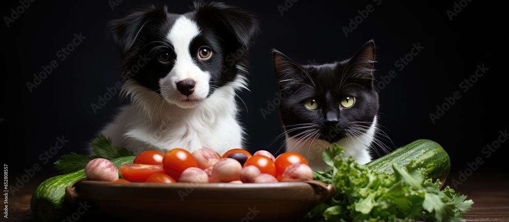 Small Maltese dog and black and white cat consuming natural organic food indoors