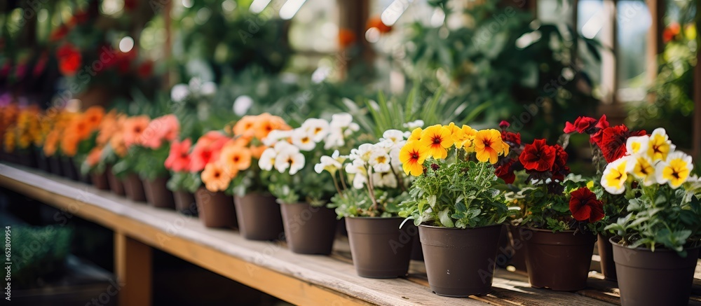 Potted seasonal flowers in a vibrant greenhouse