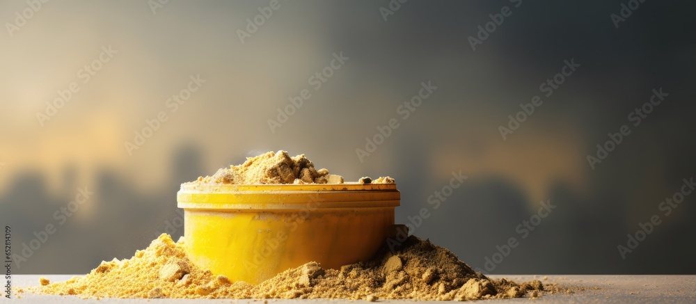 Recyclable demolition waste and building debris stored in a yellow container on a construction site including concrete and sand for repurposing in new building materials aligned with the ci