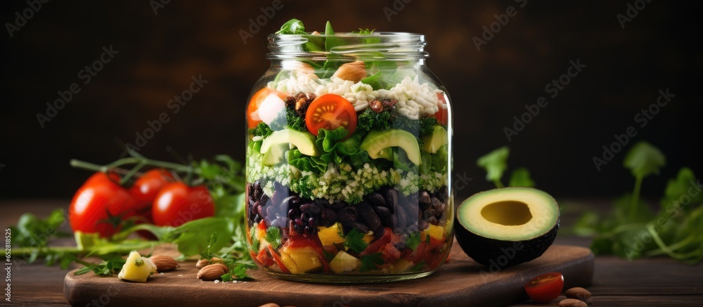 Vegetarian concept Homemade salad with quinoa and veggies in a glass jar promoting healthy eating