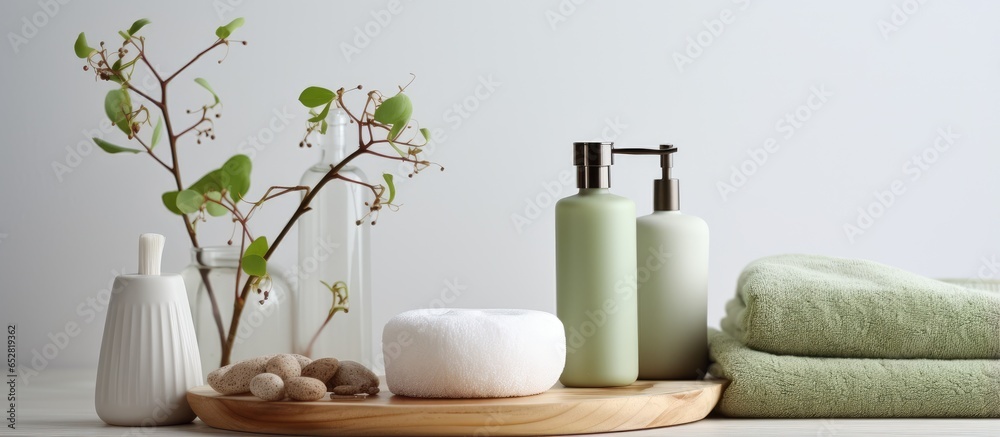 Contemporary bathroom accessories in light green shade eucalyptus hue Eco friendly towels minimalist vase oak stump with sensor dispenser