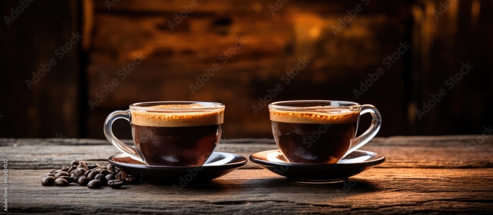 Symbolic coffee image with two cups of espresso on rustic wooden background and coffee beans Close up shot