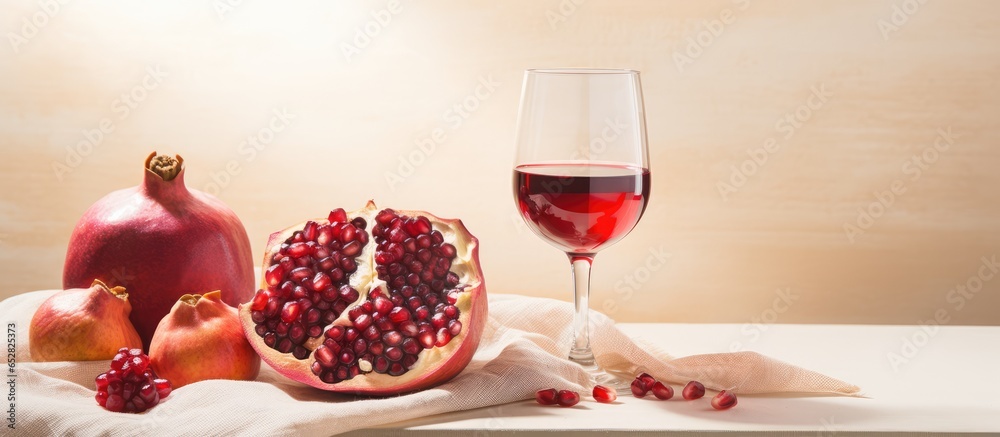 Sunlit aesthetic background with a pomegranate wine and neutral tablecloth offering empty space