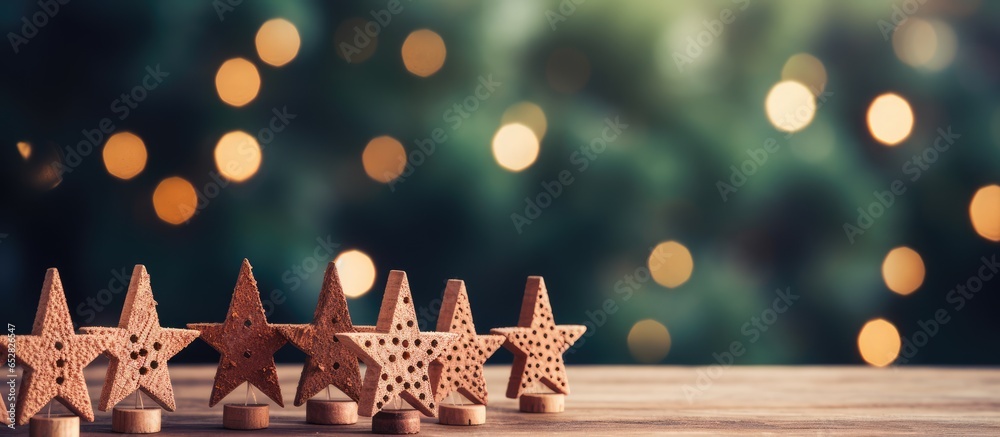 Christmas themed wine corks and wooden toy on natural texture background