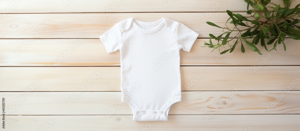 Sublimation design presentation Cute white baby bodysuit mockup in minimalist Scandinavian interior