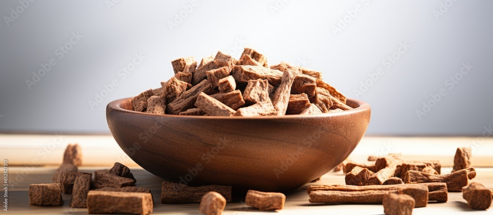 Raw dog food in bowl on white background Concept of dog nutrition BARF diet Biologically Appropriate Raw Food Bones and Raw Food