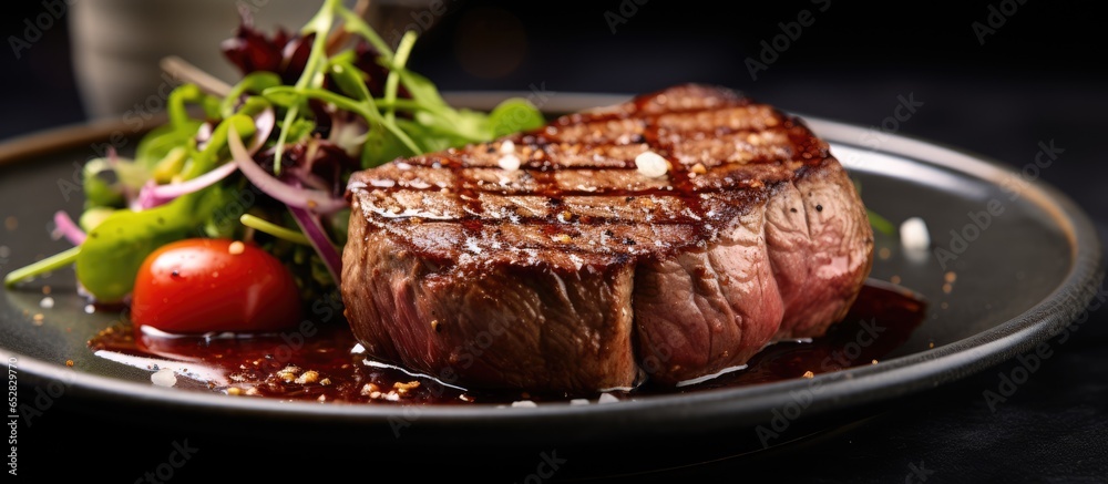 Close up of beef fillet steak with sea salt served on ceramic plate with salad and sauce Symbolizing restaurant food and culinary