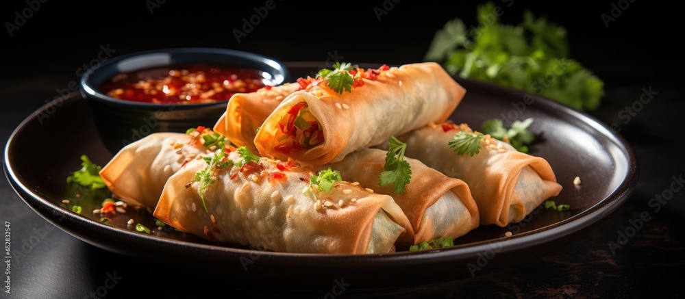 Spring rolls with chili sauce and lime on a plate