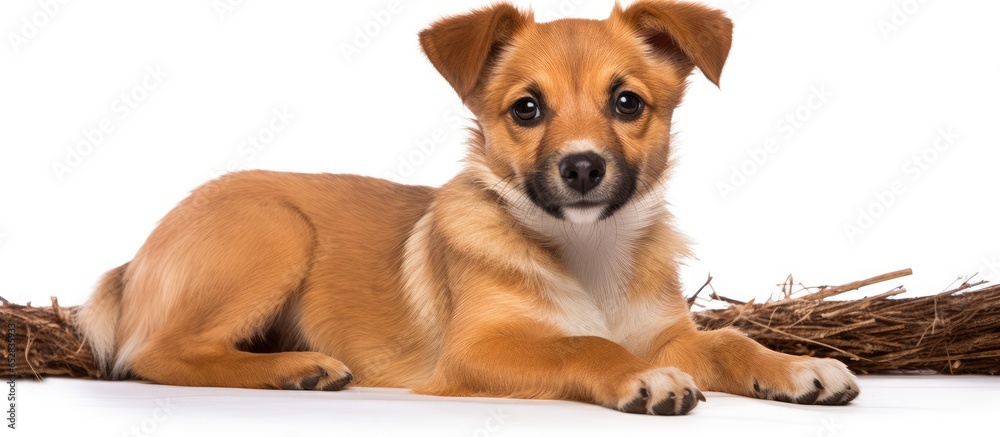 Relaxed dog on white sheets