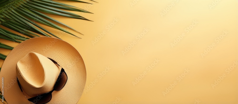 Summer themed flat lay with hat sunglasses sandy background palm leaf shadows and copy space Represents a hot beach day