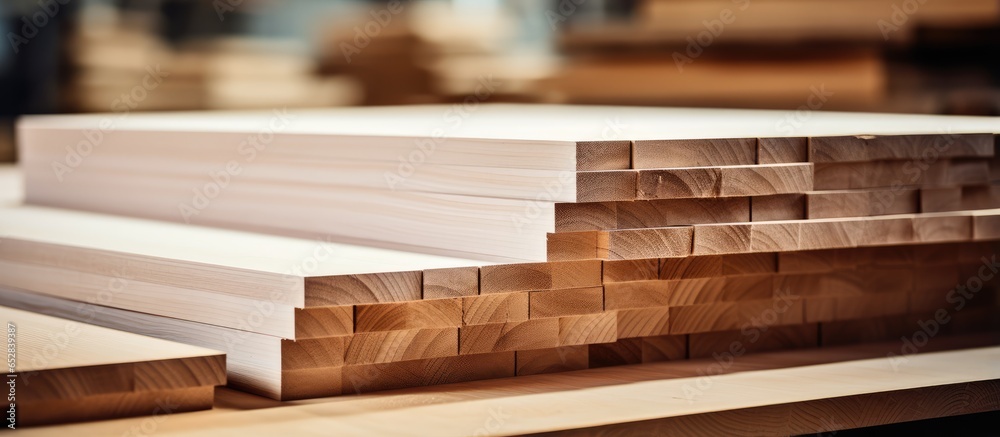 Close up of furniture manufacturing with stacked edge glued wooden panels in workshop