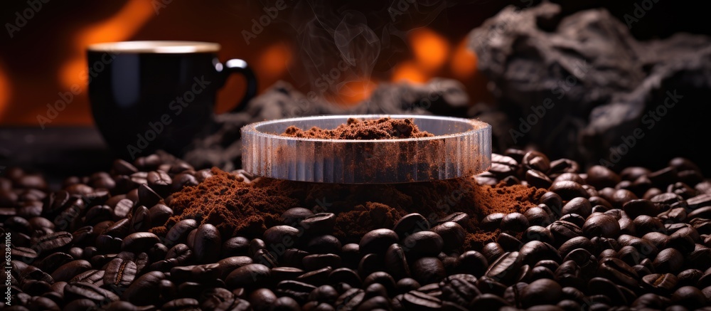 Coffee grounds tamped in portafilter beans spilled in dimly lit scene