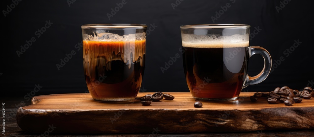 Double sided glass coffee cups on a wooden board against a grey backdrop