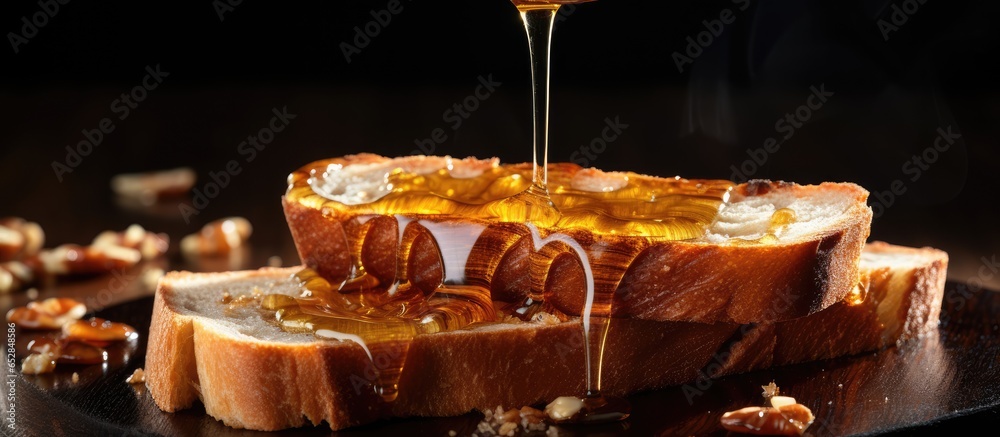 Oil being poured on toasted bread slice on wooden board closeup