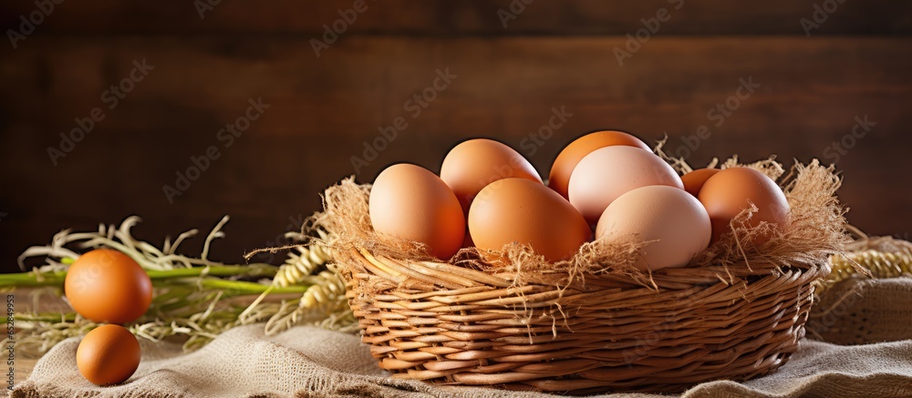 Place text organic eggs by a wicker basket containing brown eggs