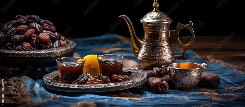 Black coffee and dates served in a traditional Bedouin tent with a vintage Arabian coffee pot and small cups is a popular Middle Eastern beverage